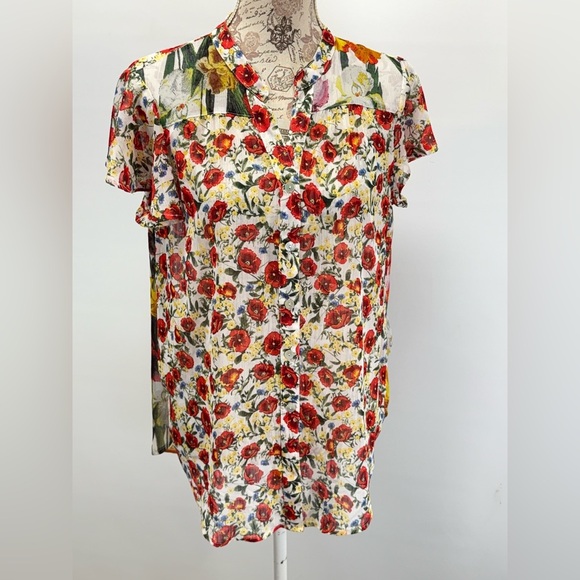 FIGUEROA & FLOWER Red and yellow sheer floral print top size PXL - Picture 1 of 13